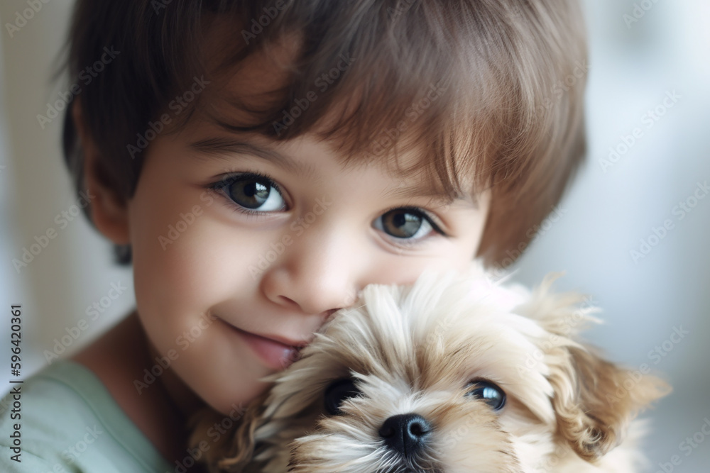Happy little child with a cute puppy, close-up. Generative AI Happy little child with a cute puppy, close-up. Generative AI