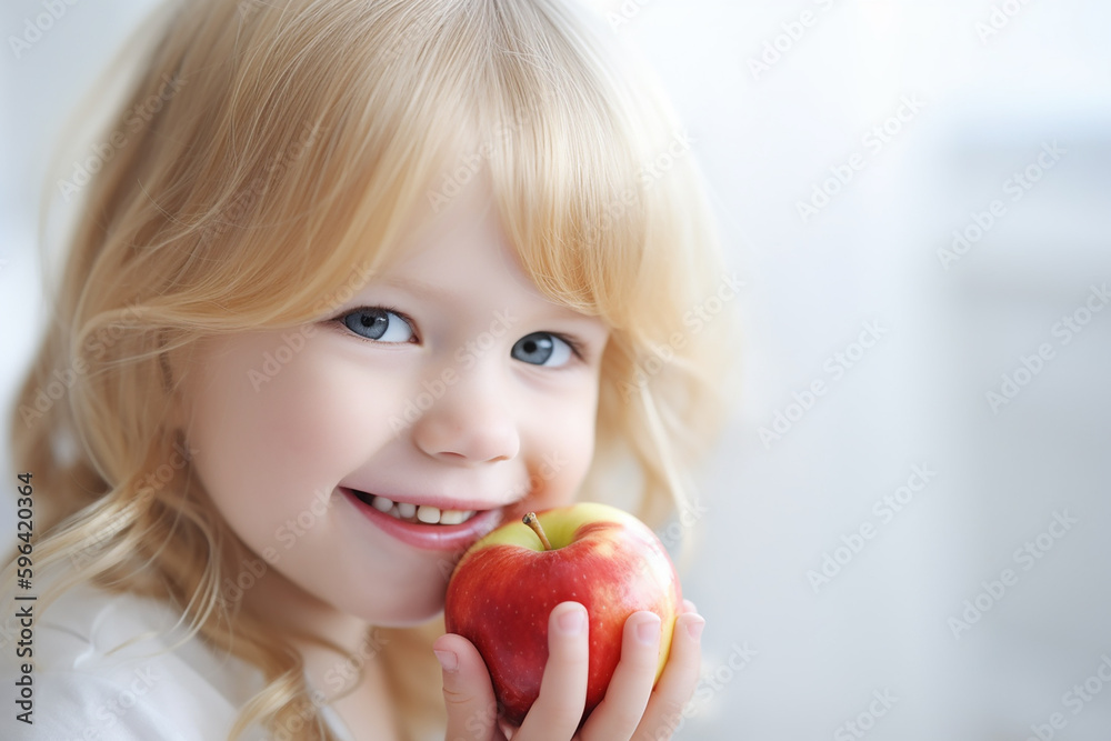 Pretty little blond baby girl with an apple closeup. white background. Generative AI Pretty little blond baby girl with an apple closeup. white background. Generative AI
