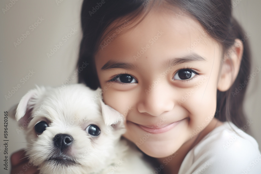Happy asian little girl with a slmall puppy, closeup. Generative AI Happy asian little girl with a slmall puppy, closeup. Generative AI