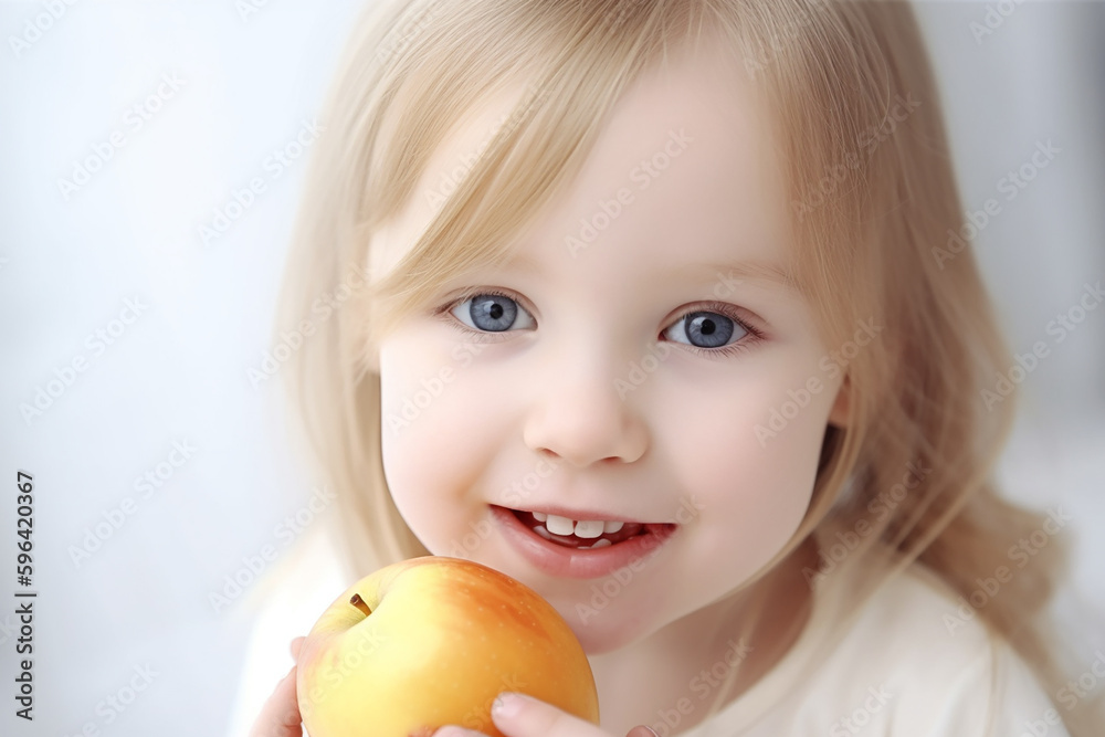 Little blond baby girl with an apple closeup, white background. Generative AI Little blond baby girl with an apple closeup, white background. Generative AI