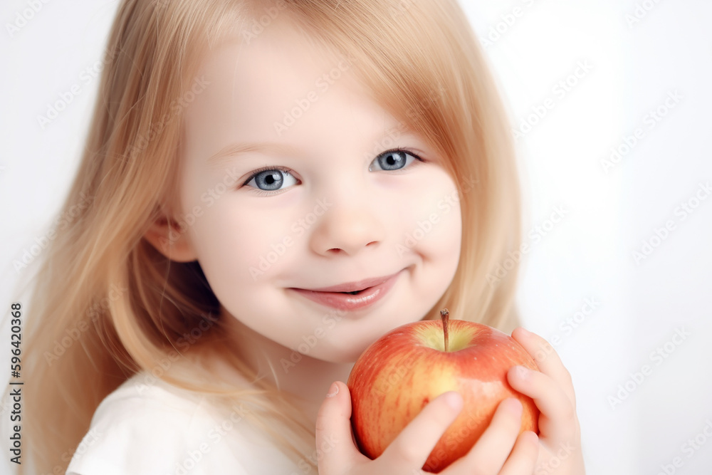 Pretty little baby girl with an apple closeup. white background. Generative AI Pretty little baby girl with an apple closeup. white background. Generative AI