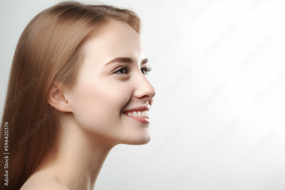 Beautiful young long haired woman profile, copy space, banner. Generative AI Beautiful young long haired woman profile, copy space, banner. Generative AI