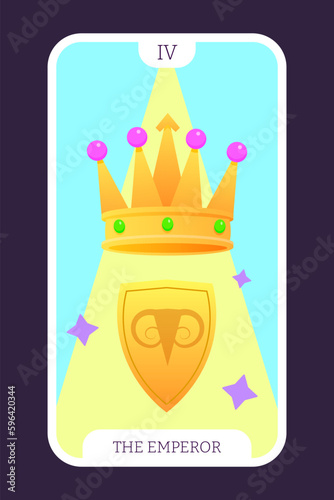 The Emperor tarot cartoon flat card template major arcana. Taro vector illustration spiritual signs with esoteric magic and astrology symbols. Isolated colored graphic. Witchcraft concept EPS