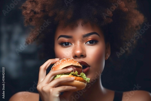 Afro-american woman eating delicious hamburger. Generative AI