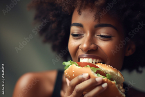 Smiling afro-american woman eating hamburger. Generative AI