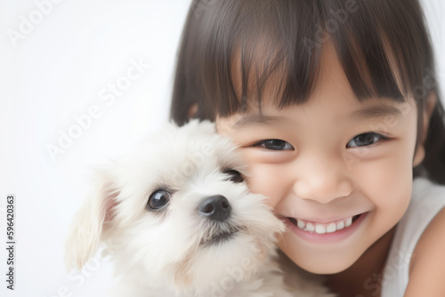 Happy asian little girl with a slmall puppy. Generative AI