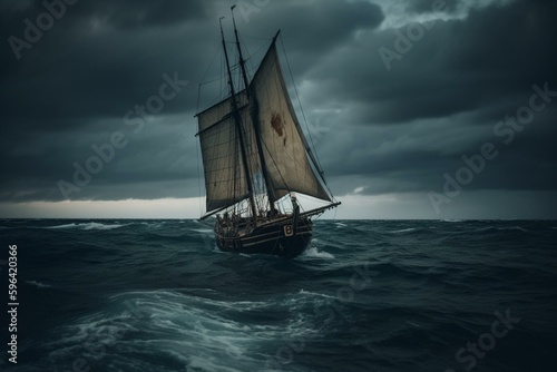 Abandoned sailboat adrift in tempestuous sea with dark clouds above. Generative AI