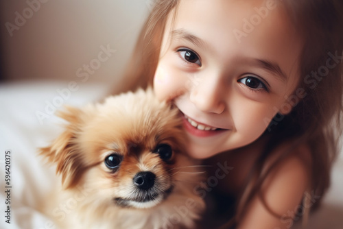 Happy little girl hugging a slmall puppy. Generative AI © lanych