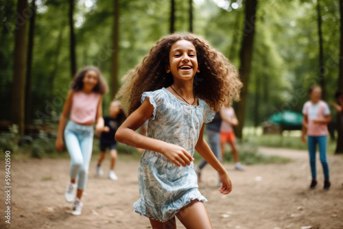 Young smiling girl in the summer camp, AI generated