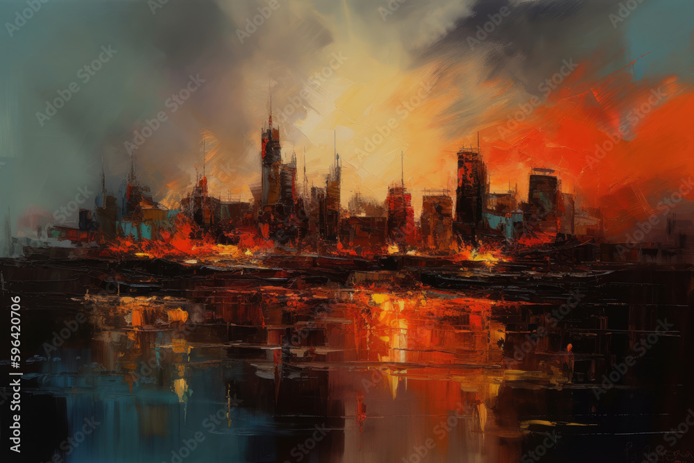 AI generated oil painting of the London skyline during sunset