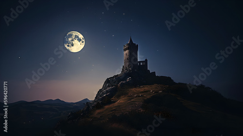 A medieval tower on a mountain at night. Ai generative.