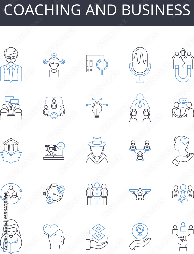 Coaching and business line icons collection. Leadership and management, Marketing and advertising, Nerking and outreach, Organization and planning, Analysis and assessment, Development Generative AI