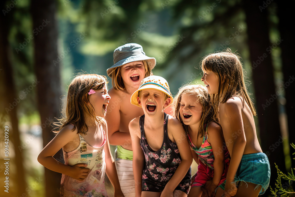 Young smiling kids in the summer camp, AI generated