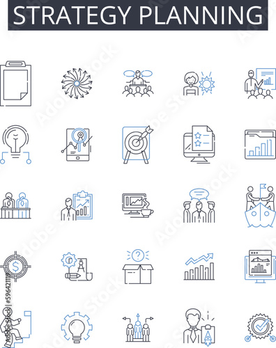 Strategy planning line icons collection. Goal setting  Action plan  Idea generating  Project mapping  Task scheduling  Decision making  Future mapping vector and linear illustration. Generative AI