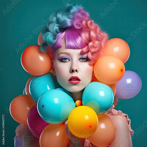 portrait of a girl with balloons and colourful hair. Generative AI image.