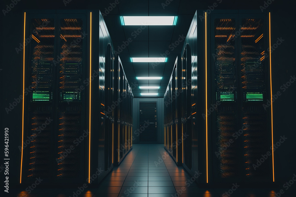 Server room or data center filled with racks of servers, managing large amounts of digital data for various applications such as cloud hosting, big data analytics, and cyber security. AI Generative Server room or data center filled with racks of servers, managing large amounts of digital data for various applications such as cloud hosting, big data analytics, and cyber security. AI Generative