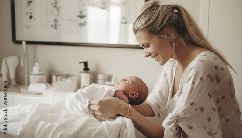 Fototapeta premium Single mom with her adorable young daughter, spending time together. Mom and daughter concept. Generative AI illustrations