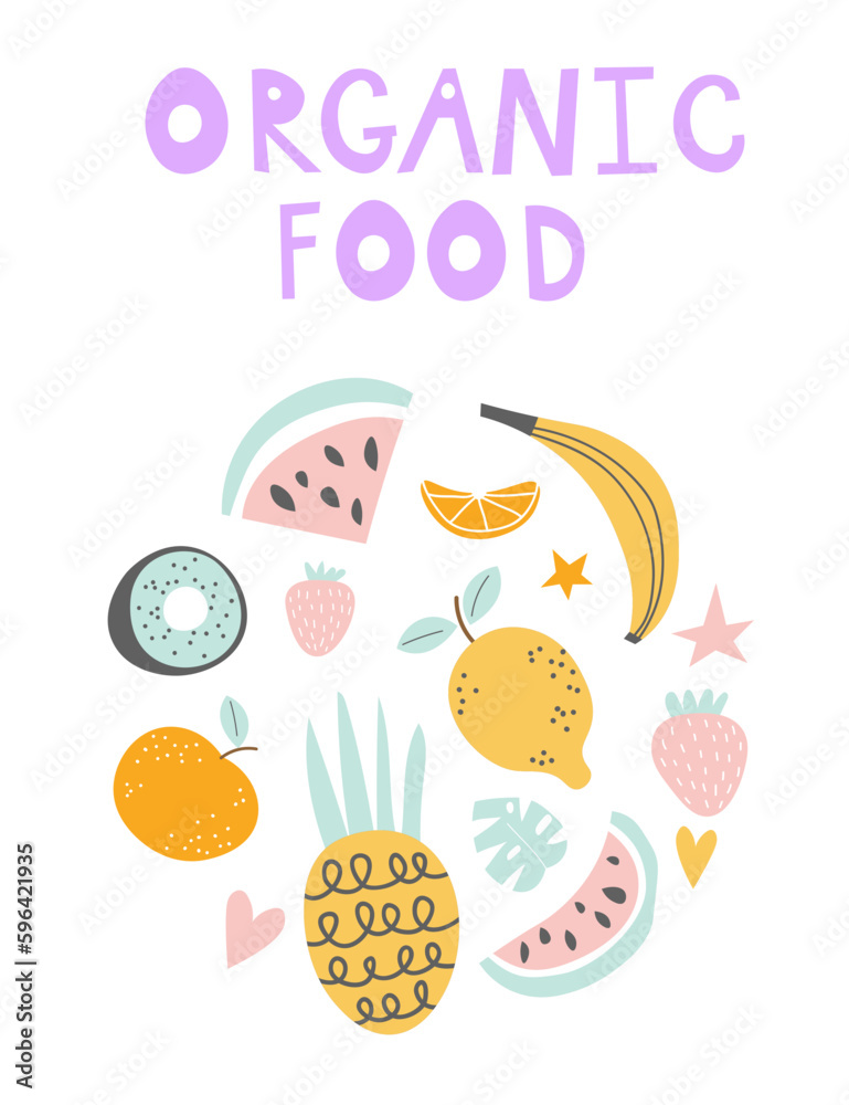 Fruit card text Organic food restaurant and support farmers market concept. Tropical Design with Exotic Fruits for Fabric, T-shirt, Posters, Covers. Vector illustration EPS Fruit card text Organic food restaurant and support farmers market concept. Tropical Design with Exotic Fruits for Fabric, T-shirt, Posters, Covers. Vector illustration EPS