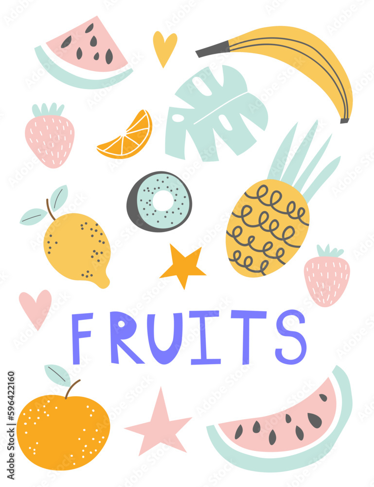 Doodle fruits. Natural tropical fruit, doodles citrus orange and vitamin lemon. Vegan kitchen apple hand drawn, organic fruits or vegetarian food. Vector isolated icons illustration set EPS