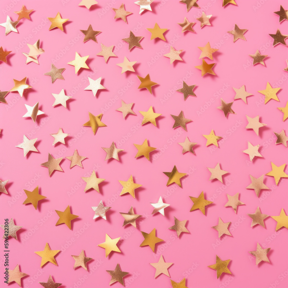 Golden stars confetti on pink background. Illustration AI Generative. Golden stars confetti on pink background. Illustration AI Generative.