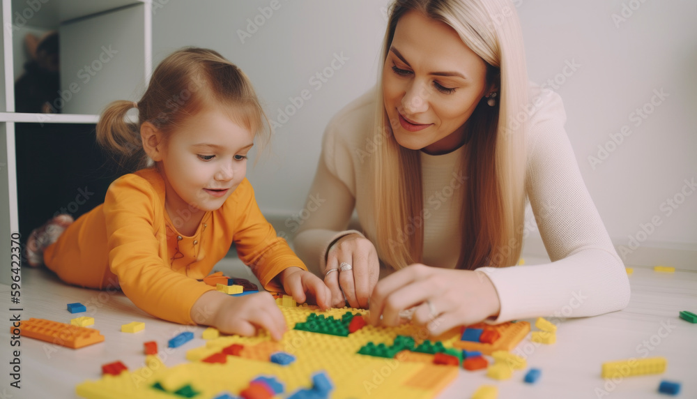 Fototapeta premium Single mom with her adorable young daughter, spending time together. Mom and daughter concept. Generative AI illustrations