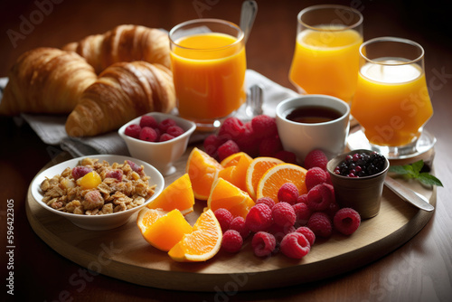 A breakfast of oranges, orange juice, raspberries, coffee, corn flacks and croissants on a table. Created with Generative AI.
