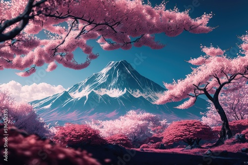 The Picturesque Pink Sakura Trees  a Breathtaking Panorama of Delicate Petals and Majestic Backdrop of Mt Fuji and the Azure Sky  Generative AI 
