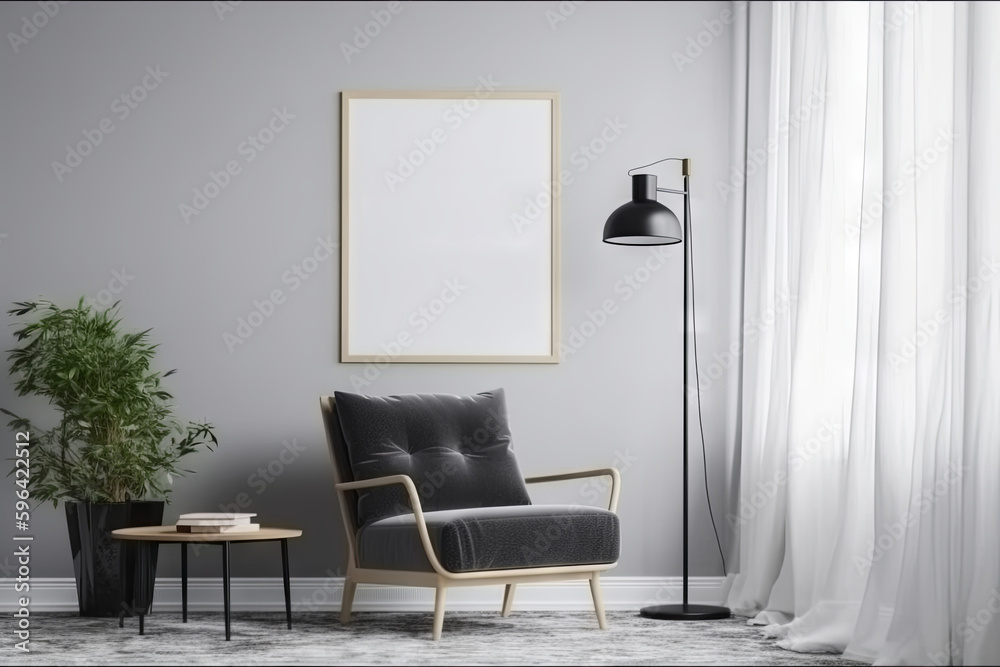 Mockup poster frame on wall of living room. Interior design concept. Generative AI Technology Mockup poster frame on wall of living room. Interior design concept. Generative AI Technology