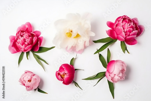 Spring peony flowers on white background top view in flat lay style. Greeting for Women's or Mothers Day or Spring Sale Banner --