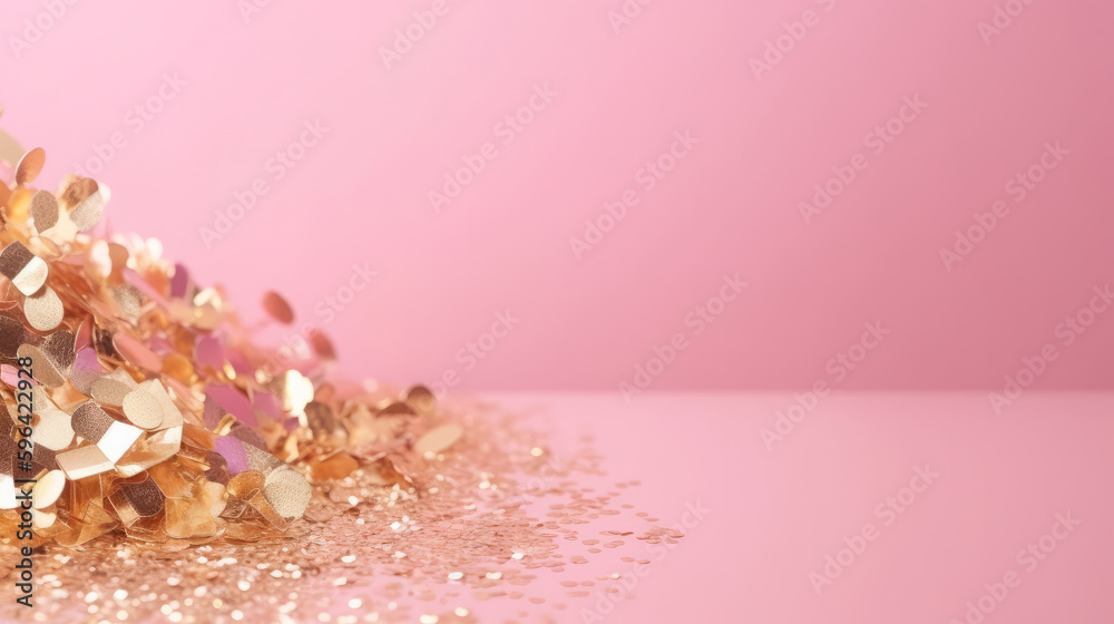 Pink background with golden confetti. Illustration AI Generative.