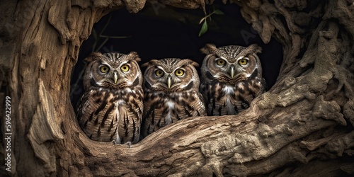 A family of owls huddled together in a tree hollow, concept of Mating behavior, created with Generative AI technology