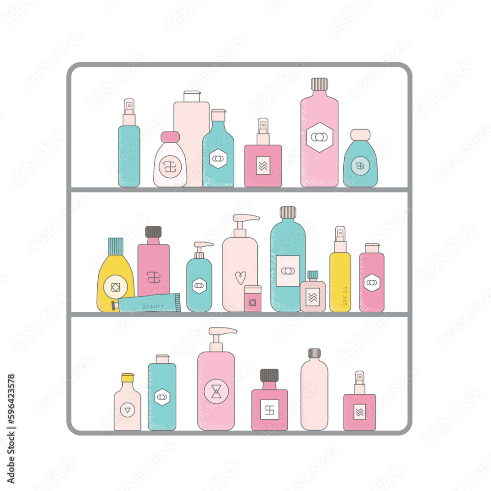 Cartoon cosmetic bottles, jars on stand rack. Bright face cream tubes, cleanser, soap for bath, oil scrub, lotion facial gel vector illustrations Cartoon cosmetic bottles, jars on stand rack. Bright face cream tubes, cleanser, soap for bath, oil scrub, lotion facial gel vector illustrations