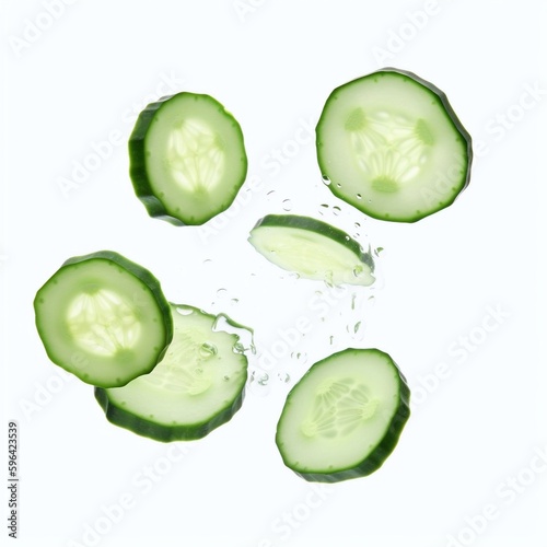 Slices of cucumber and slices of cucumber on white background