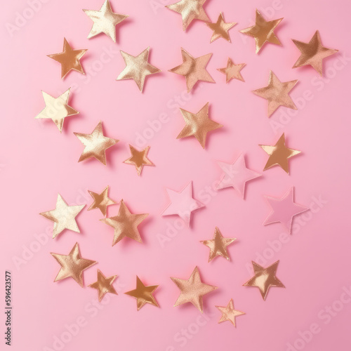 Golden stars confetti on pink background. Illustration AI Generative.