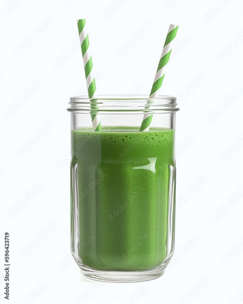 Glass of green smoothie with straws isolated on a white background Glass of green smoothie with straws isolated on a white background