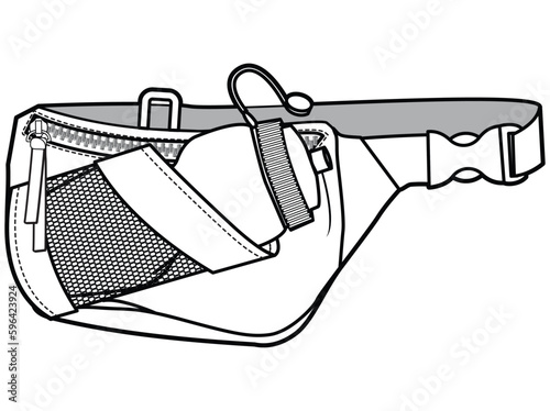 bum bag with water bottle holder flat sketch vector illustration technical cad drawing template