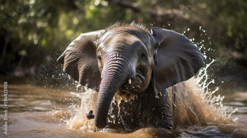 baby elephant playing in water. Generative AI