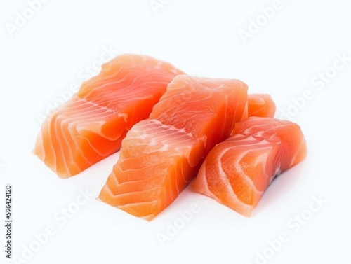 Slices of fresh salmon isolated on white background, top view.
