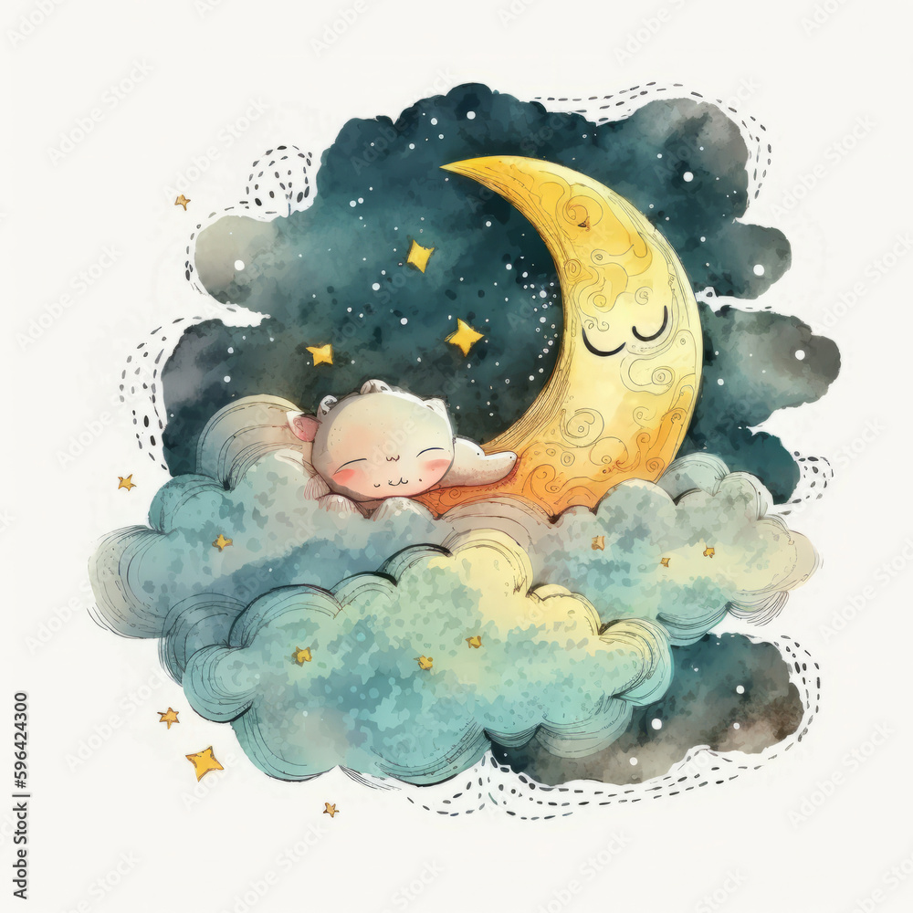 Cute watercolor moon. Illustration Generative AI. Cute watercolor moon. Illustration Generative AI.