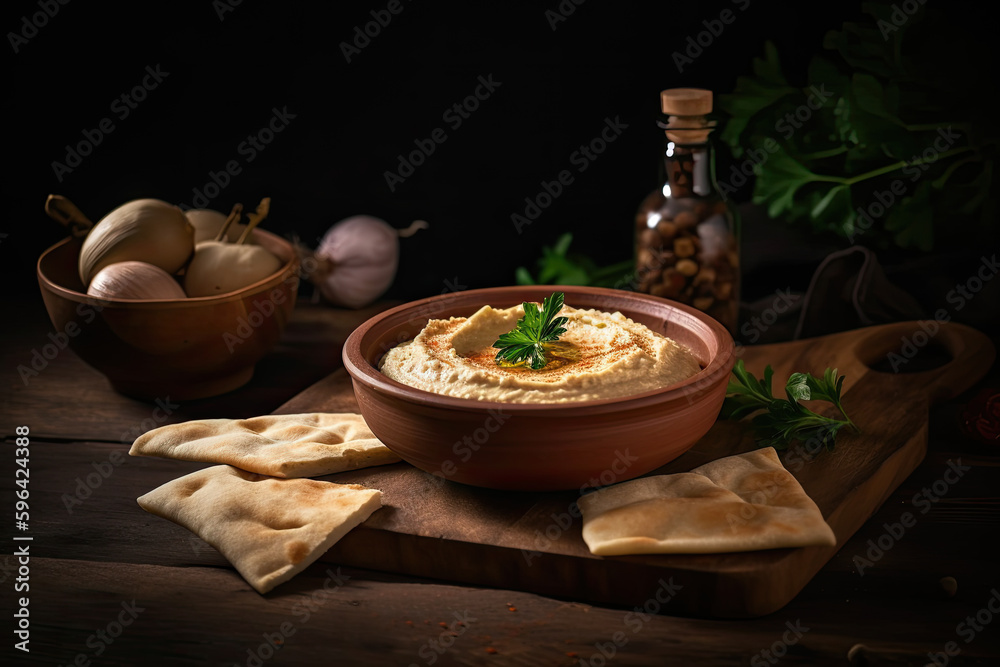  Chickpea hummus and pita bread on wooden table. AI generative.