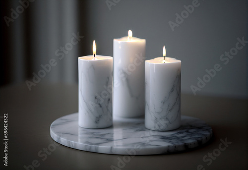 Several wax candles on a marble stand. AI Generated