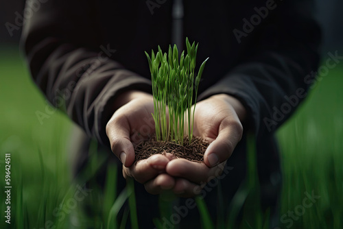 Man holding a plant with soil before it is planted. Close up. Ai generative