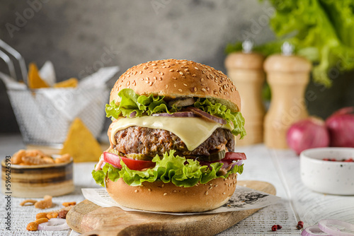 burger with meat on a light background