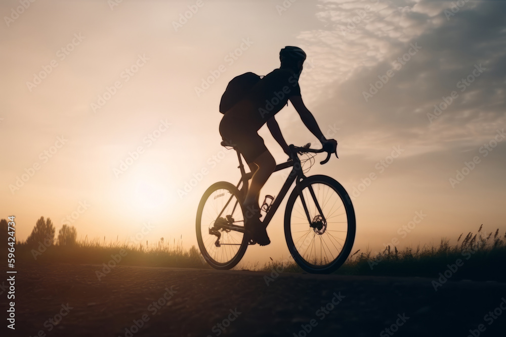Obraz premium Cyclist in sunset. Illustration AI Generative.
