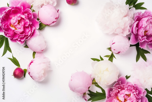 Spring peony flowers on white background top view in flat lay style. Greeting for Womens or Mothers Day or Spring Sale Banner --
