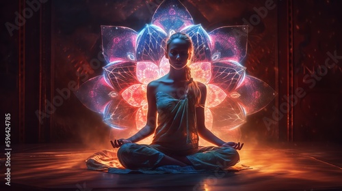 A woman meditates in the lotus position. Color mandala on background