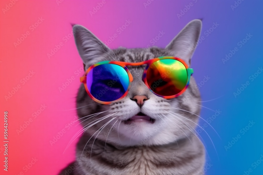 animal cat funny pet neon sunglasses fashion portrait cute colourful. Generative AI.