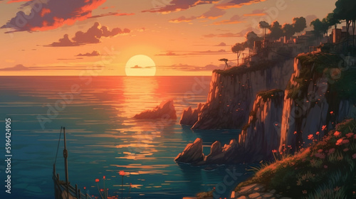 An animation of a cliff and a sunset. Japanese style. Generative AI. #5