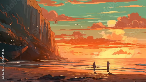 An animation of a cliff and a sunset. Japanese style. Generative AI.  1 © NoOneSaid