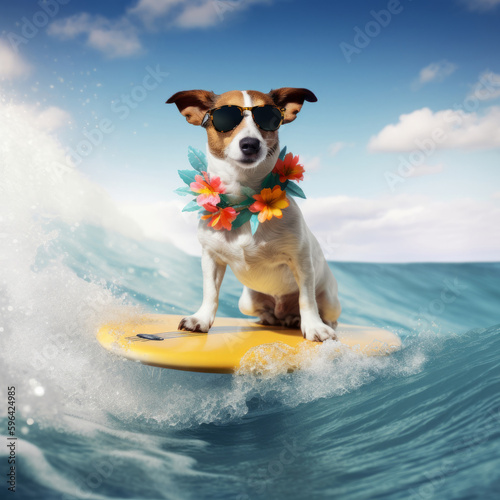 Dog jack russell surfing the wave Illustration AI Generative. © ArtCookStudio